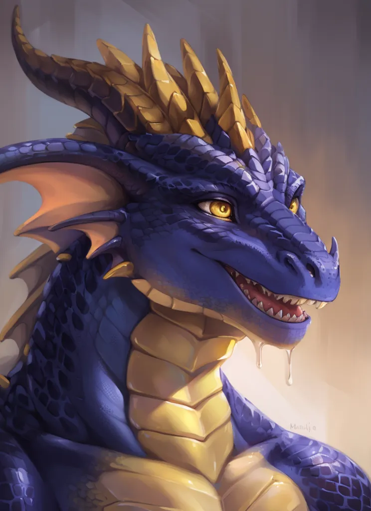 The image is a digital painting of a blue dragon. The dragon has yellow horns, wings, and a yellow belly. The dragon is smiling and has a drop of water on its chin. The background is a light grey.