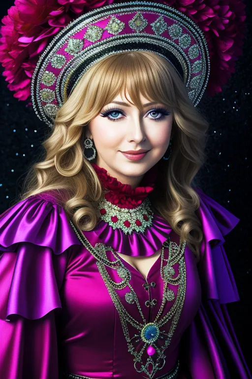 The image shows a young woman with long blonde hair and blue eyes. She is wearing a purple dress with a high collar and a large necklace. The dress is trimmed with gold and has a large bow at the waist. The woman is also wearing a large headdress with a fur trim. She has a serene smile on her face. The background is dark purple with a starry pattern.