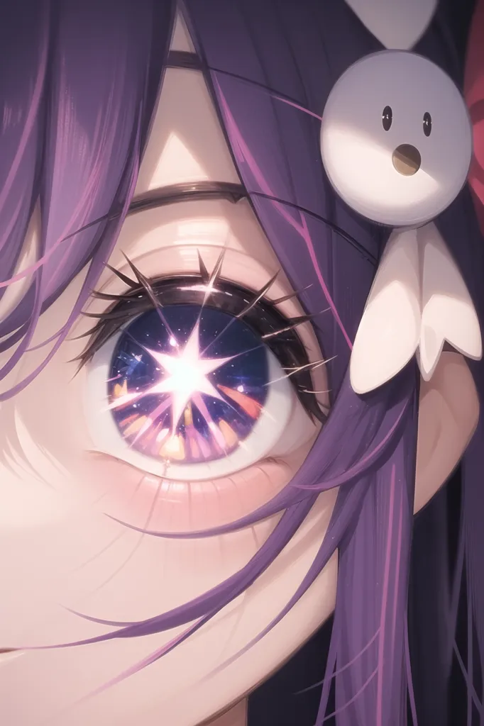 The image is a close-up of a purple-haired anime girl's eye. The eye is looking to the right. The girl has long, purple hair and a white headband with a rabbit on it. The headband also has a pair of bunny ears sticking out. The girl's eye is open wide and her eyelashes are long and curled. The iris of the eye is a deep blue color with a light blue glow around the pupil. There is also a small, white dot in the center of the iris. The girl's skin is pale and her cheeks are slightly flushed. The background of the image is a soft, light blue color.