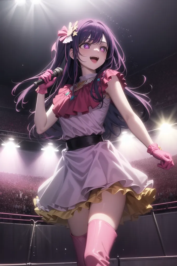 The image shows a young woman with long purple hair and purple eyes. She is wearing a white and pink dress with a yellow skirt and pink boots. She is holding a microphone and is singing on a stage. There are spotlights shining on her and there is a crowd of people in the background.