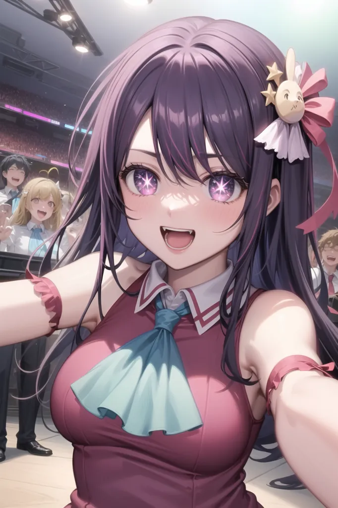 The image shows a young woman with long purple hair and purple eyes. She is wearing a pink and white dress with a blue ribbon. She has a big smile on her face and is looking at the camera. She is standing in front of a large crowd of people who are cheering her on.