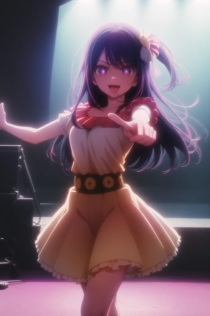 This is an image of a young girl with purple hair and purple eyes. She is wearing a white and yellow dress. She is standing on a stage with a spotlight shining on her. She is smiling and has her arms outstretched. She is surrounded by pink and blue lights.