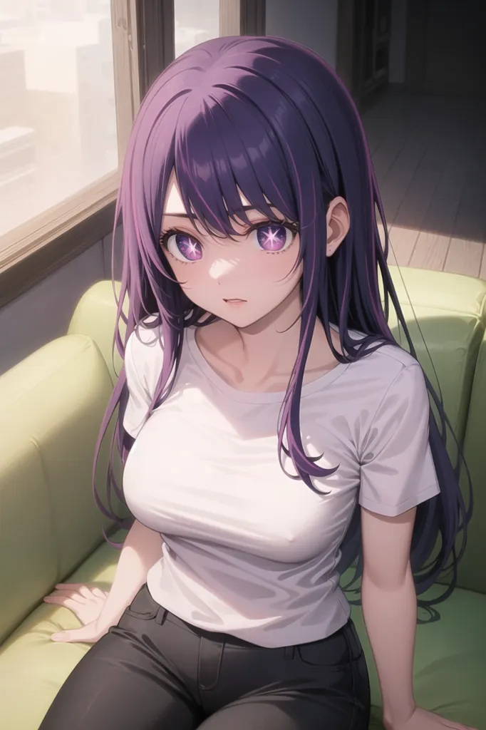 The image shows a young woman with purple hair and purple eyes. She is wearing a white t-shirt and black jeans. She is sitting on a couch and looking at the viewer with a slightly surprised expression. The background is a blurred living room with a window on the left.