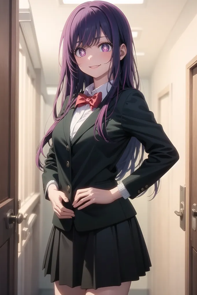 The image shows a young woman with purple hair and purple eyes. She is wearing a school uniform consisting of a dark green blazer, a white shirt, and a red bow tie. The blazer has gold buttons. She is also wearing a dark green skirt. She is standing in a hallway with her hands on her hips. There are doors on either side of her.