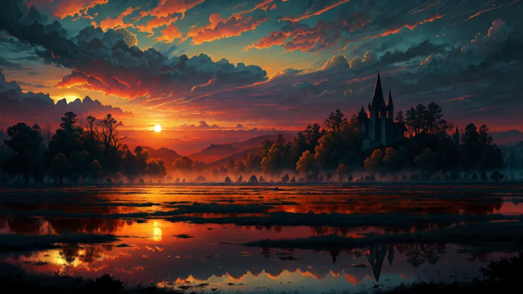 The image is a beautiful landscape painting. The sky and clouds are a brilliant orange that fades into darkness at the edges of the image. A body of water in the foreground reflects the orange sky. There is a forest of dark green trees on the left side of the image, and a castle or large building on the right. There is a mountain range in the distance. The image is very peaceful and serene.