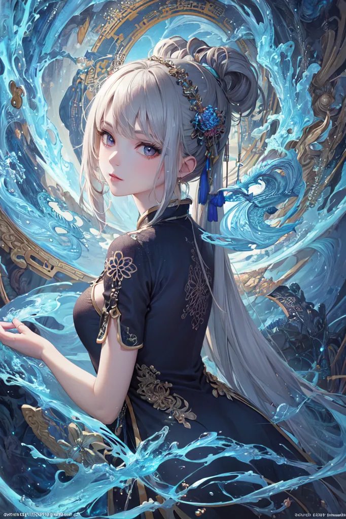 La imagen es una pintura de una hermosa mujer con cabello plateado largo y ojos azules. Ella está usando un vestido tradicional chino con un patrón azul y dorado y tiene una flor azul en su cabello. Ella está de pie frente a un fondo azul con un marco dorado y está rodeada de agua fluyente.