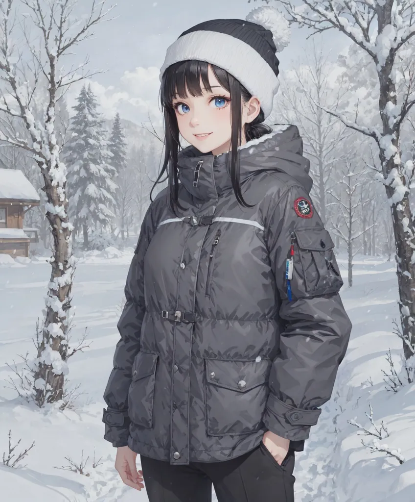 The image shows a young woman standing in a snowy forest. She is wearing a black puffy jacket with a white and red striped collar, a white beanie with a black pom-pom, and black pants. The jacket has several buckles and a patch on the sleeve. She has blue eyes and long black hair. She is smiling. In the background, there are snow-covered trees and a house.