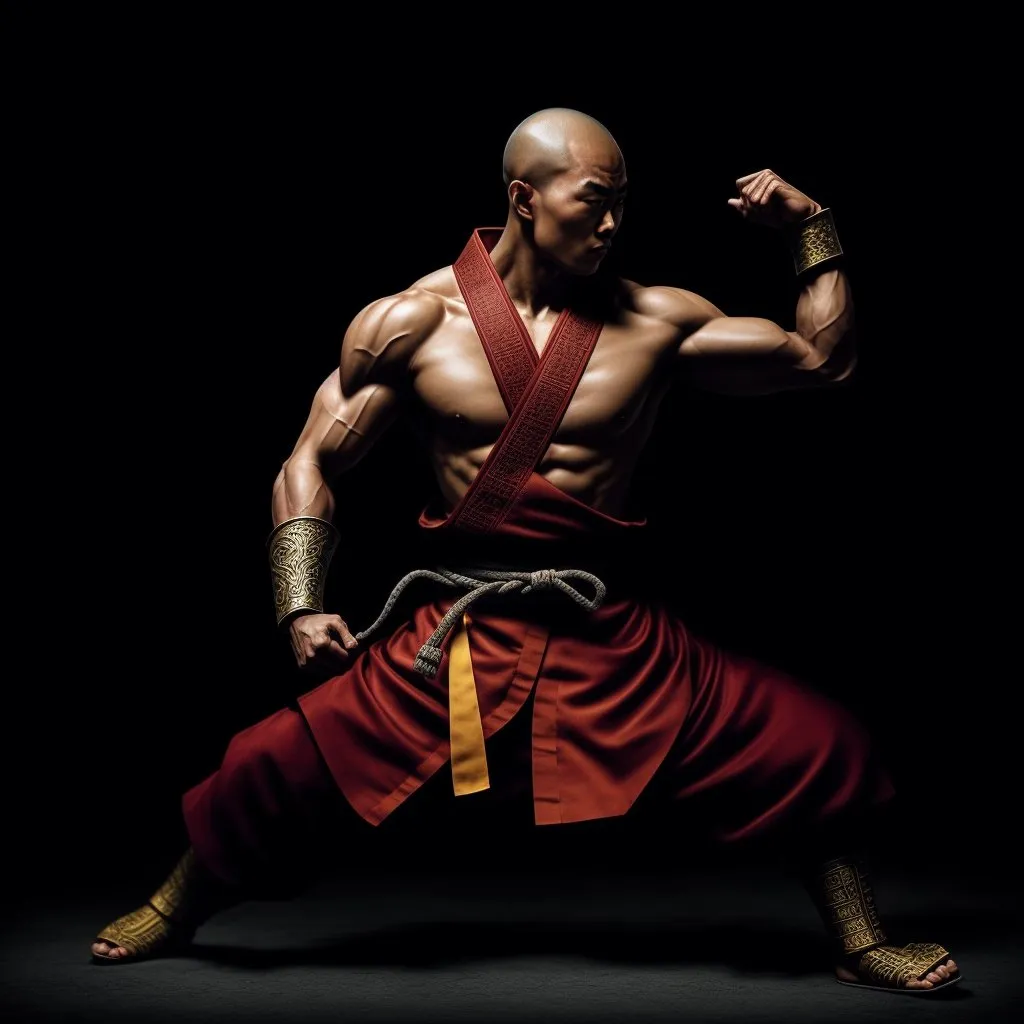 The image shows a muscular man in a red and yellow robe. He is bald and has a determined expression on his face. He is standing in a fighting stance, with his fists raised and his feet shoulder-width apart. He is wearing a rope belt and has gold bracelets on his wrists and sandals on his feet. The background is black, which makes the man stand out.