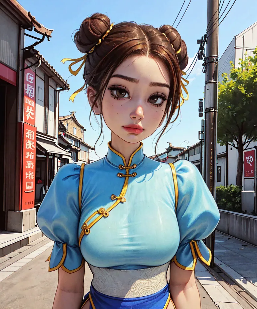 This is an image of a young woman with brown hair. She is wearing a blue cheongsam-style dress with a white collar and white trim on the sleeves. The dress has yellow buttons. She is also wearing a white belt. Her hair is in two buns on top of her head and she has brown eyes. She is standing in a street with traditional-style buildings on either side. There are signs in Chinese on the buildings.