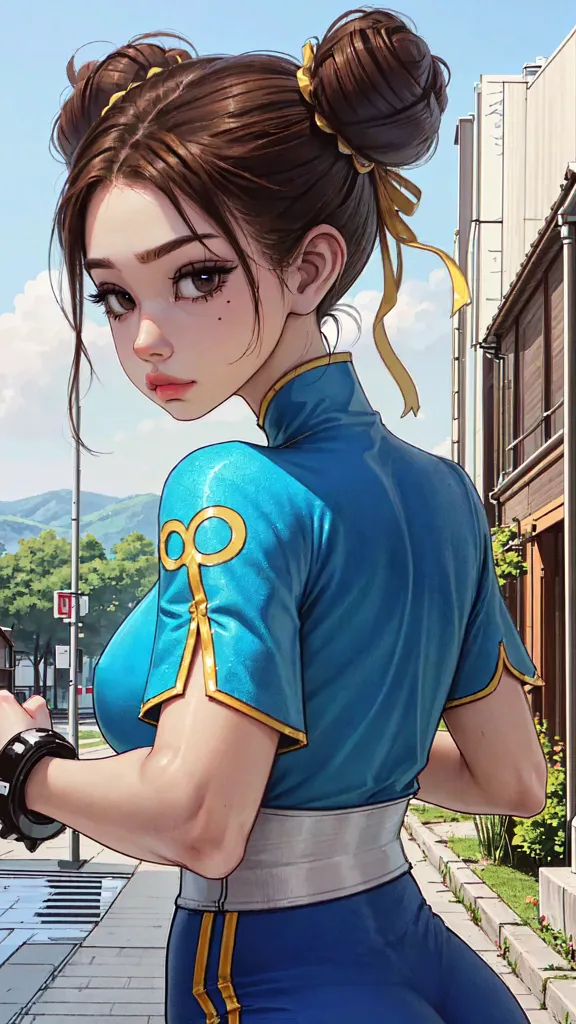 The picture shows a young woman with brown hair tied in two buns. She is wearing a blue cheongsam with a white collar and yellow trim. She is also wearing yellow bracelets. The background is a street with buildings and trees. The woman is looking back at the viewer with a serious expression on her face.