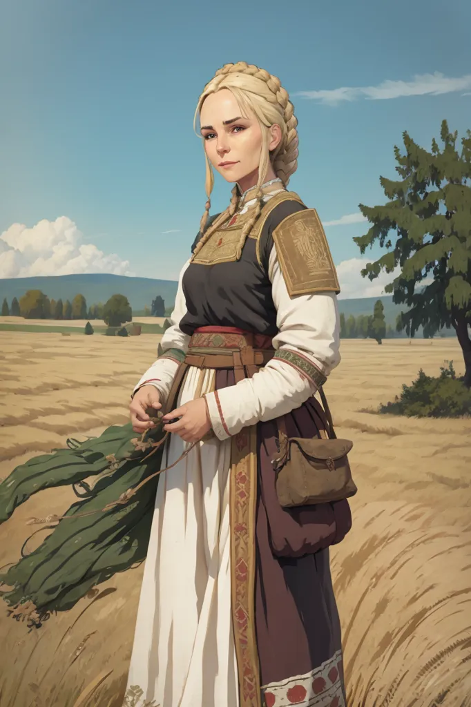 The image shows a young woman standing in a field of wheat. She is wearing a traditional Eastern European dress with a white blouse, a brown skirt, and a red apron. She has a kerchief tied around her head and is carrying a sickle in her hand. In the background, there is a large tree, a couple of houses, and some hills in the distance. The sky is blue and there are some clouds in the sky.