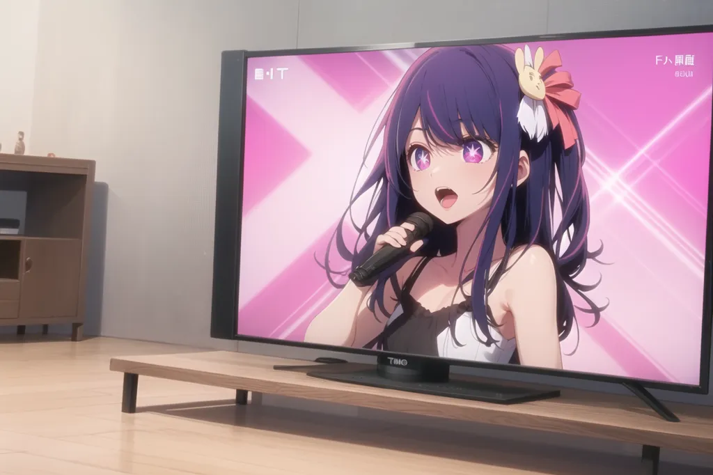 L'image montre un salon avec une grande télévision. La télévision diffuse un clip musical d'anime mettant en scène une jeune femme aux cheveux violets et aux oreilles de lapin. Elle chante dans un microphone et il y a des étincelles en arrière-plan. La télévision est posée sur un support en bois brun. Il y a un petit meuble à gauche de la télévision avec une PlayStation 5 dessus. Il y a aussi une petite figurine blanche sur le meuble.