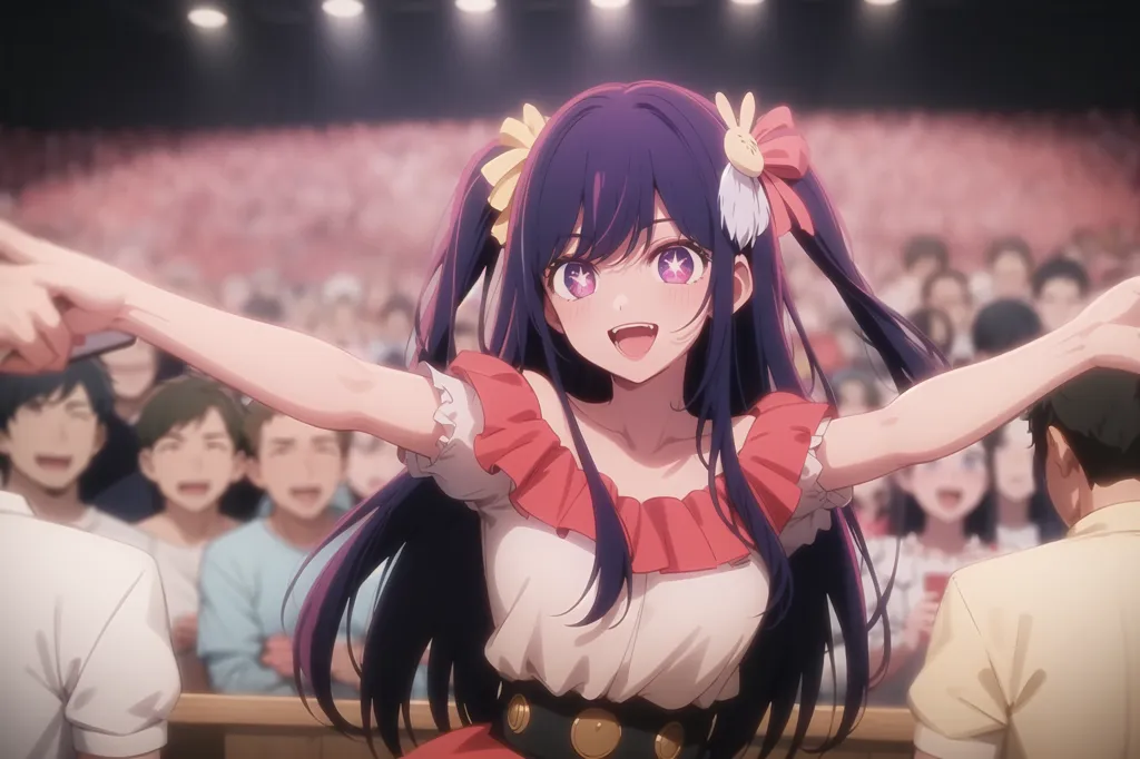 This is an image of an anime girl with long purple hair and purple eyes. She is wearing a white and red dress with a yellow ribbon in her hair that has bunny ears on it. She is standing on a stage with her arms outstretched in front of a crowd of people. The people in the crowd are all cheering and waving their arms. The girl is smiling and looks happy.