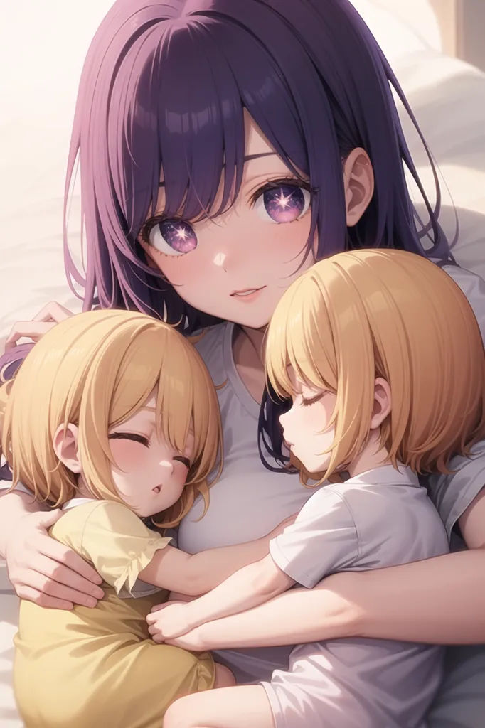 The image shows a woman with purple hair and purple eyes. She is wearing a white shirt and is holding two little girls in her arms. The girls are both wearing yellow shirts and have their eyes closed. The woman has a loving expression on her face. The background is a soft, light pink color.