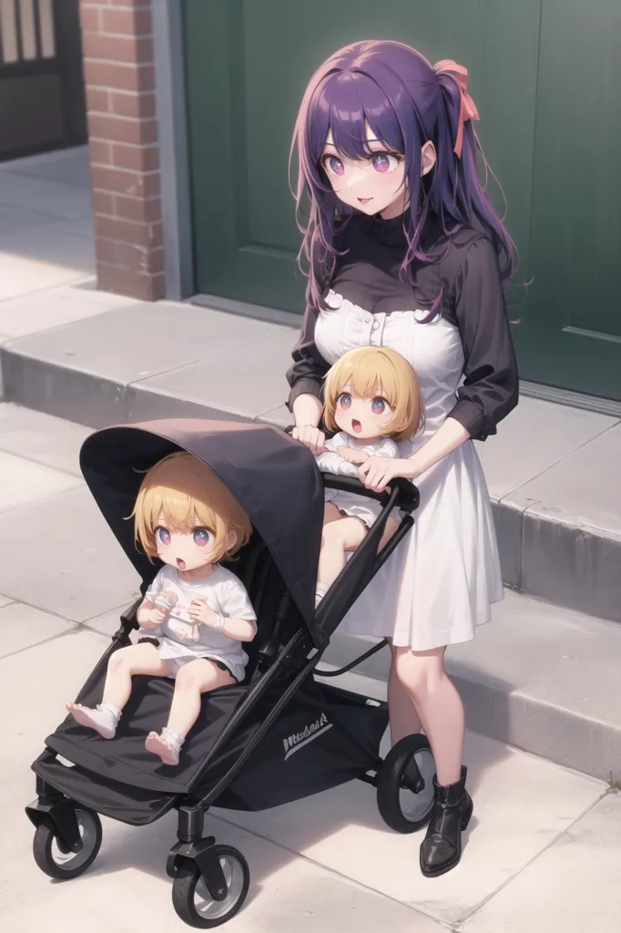 A young woman with purple hair and violet eyes is pushing a stroller with two babies in it. The woman is wearing a white dress and black boots. The babies are both wearing white onesies. The stroller is black with a gray canopy. The woman is smiling at the babies. The babies are looking at the woman. The background is a brick building with a green door.