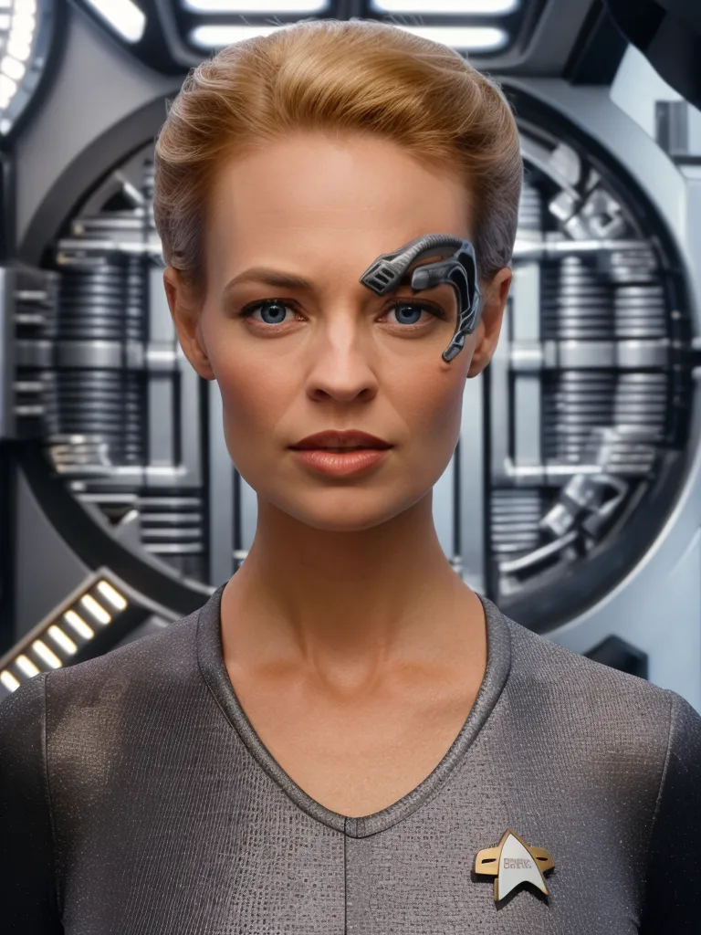 The image shows a woman with short blond hair and blue eyes. She is wearing a silver-gray uniform with a black turtleneck undershirt. There is a silver device attached to her right temple. She has a serious expression on her face. There is a silver and gold pin in the shape of a Starfleet delta on her left shoulder. She is standing in front of a large metal door with a circular pattern on it.