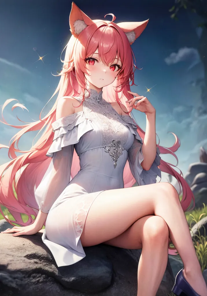 A imagem é de uma bela garota de anime com cabelos longos e rosa e olhos vermelhos. Ela está usando um vestido branco com uma fita rosa. Ela está sentada em uma rocha em um campo de flores. O sol está brilhando e os pássaros estão cantando. Ela tem orelhas de raposa e uma cauda de raposa fofa.