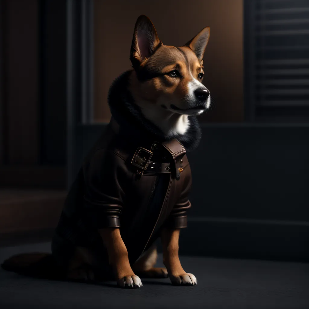 A cute brown and white dog wearing a brown leather jacket is sitting on a dark floor in front of a dark background. The dog has its head turned to the side and is looking away from the camera. The dog's fur is short and smooth. The jacket has a shearling lining and two buckles on the front. The dog's paws are white.