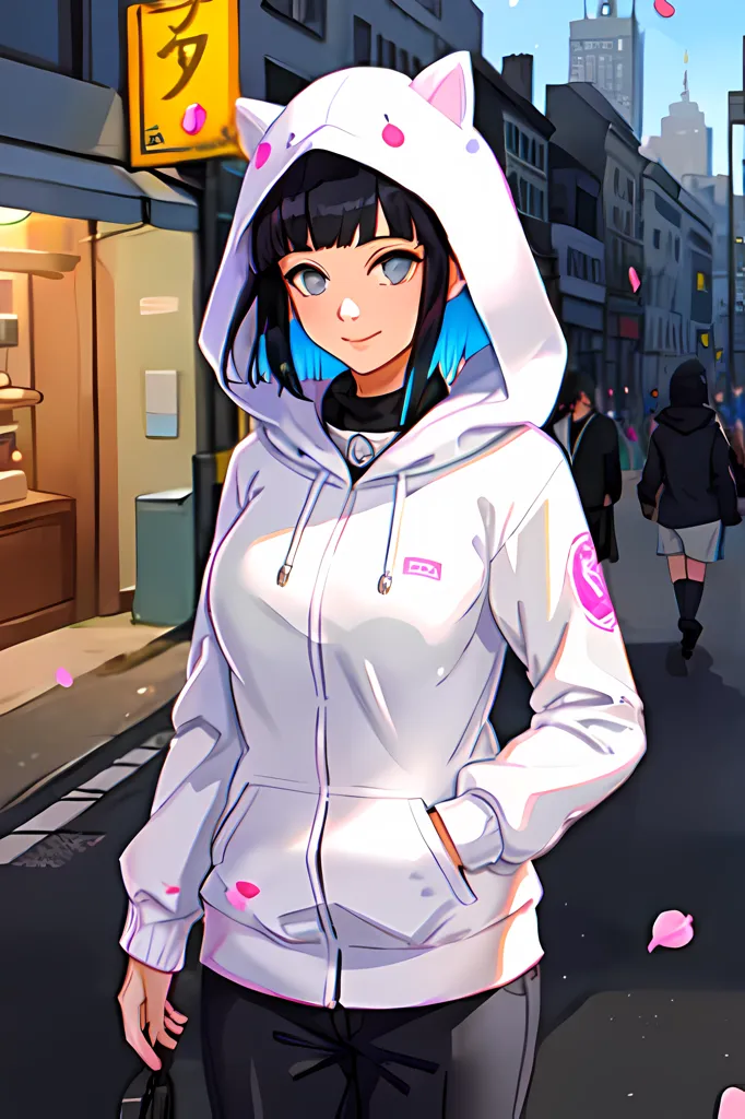 The image is of a young woman with cat ears on her hood. She is wearing a white and blue hoodie and black pants. She is standing on a city street with a building in the background. The woman has blue eyes and black hair. She is carrying a purse and has a pink symbol on her left arm.