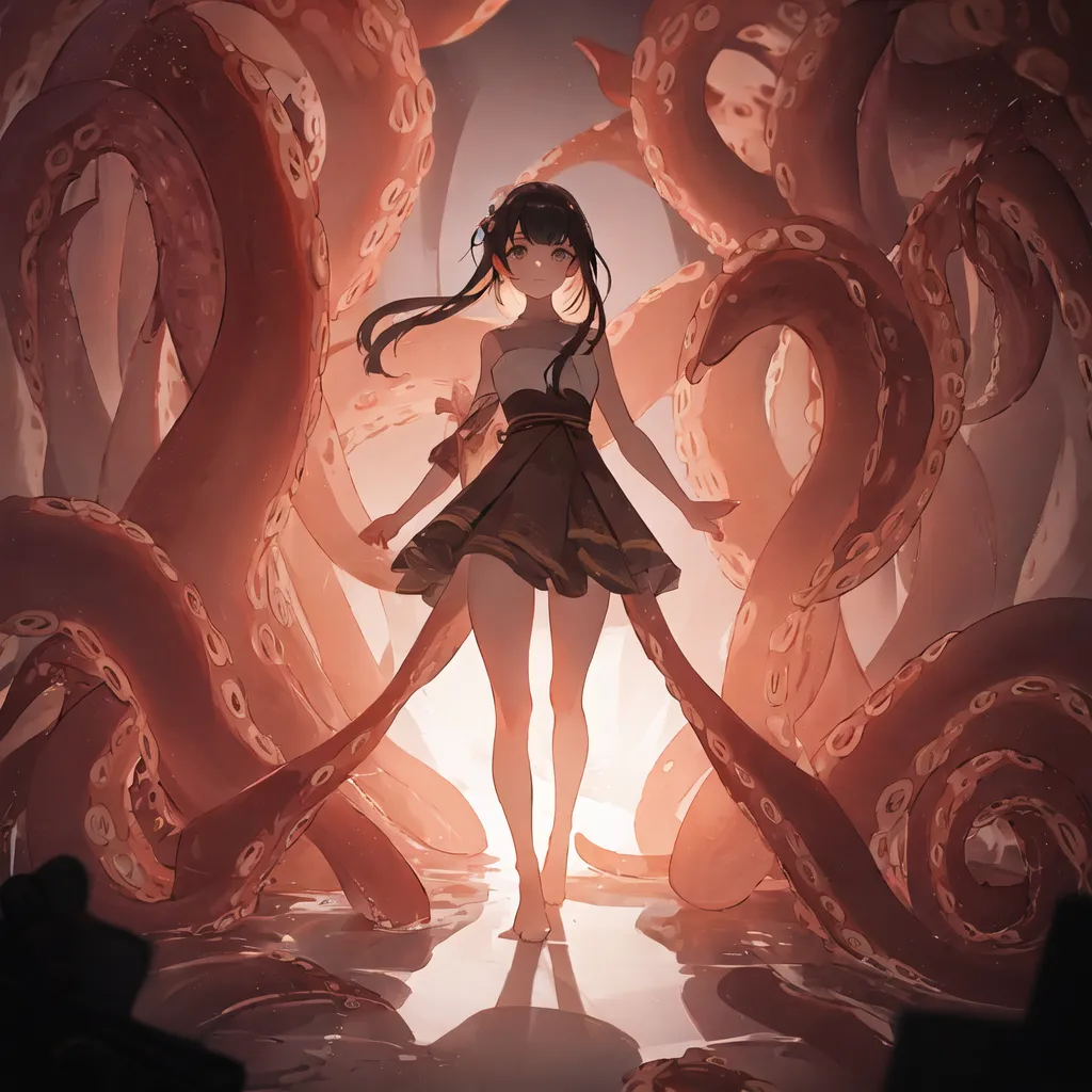 This image shows a young woman standing in a pool of water. She is wearing a short brown dress with a white camisole underneath. She has long black hair and brown eyes. She is surrounded by large pink octopus tentacles. The tentacles are wrapped around her legs and arms. She has a look of determination on her face.