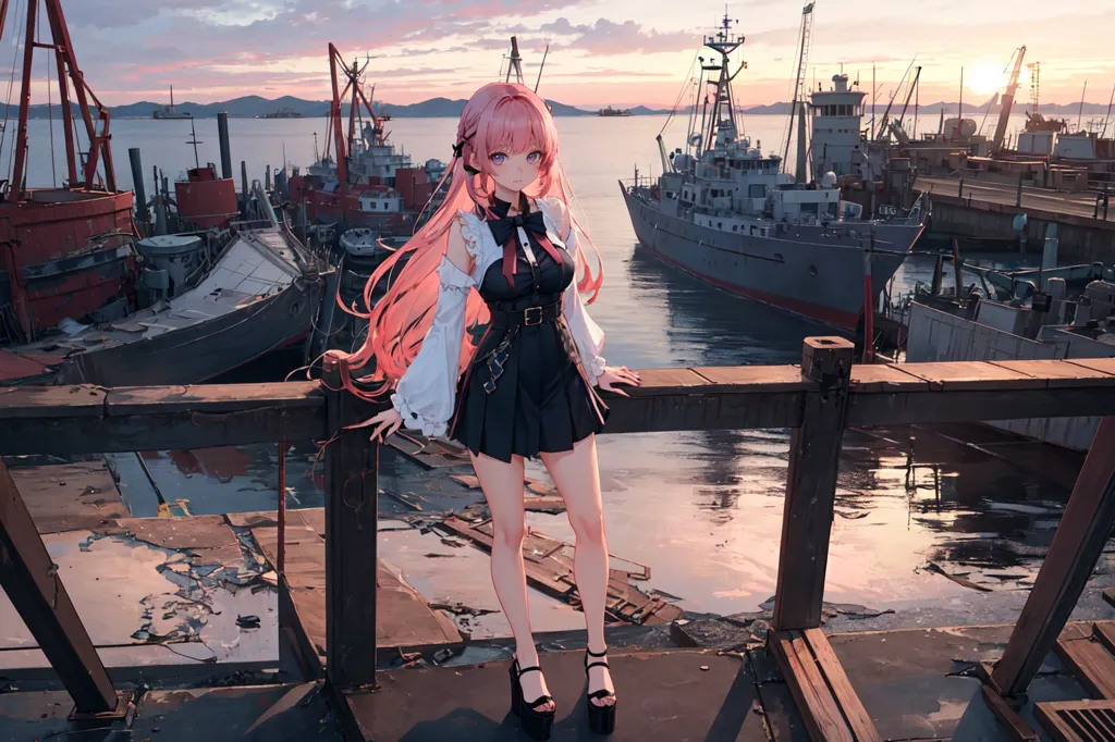 The image shows a young woman standing on a wooden pier. She is wearing a black and white dress with a pink bow. Her long pink hair is flowing in the wind. She is looking at the large ships in the harbor. The sun is setting in the background, casting a pink and purple glow over the scene.