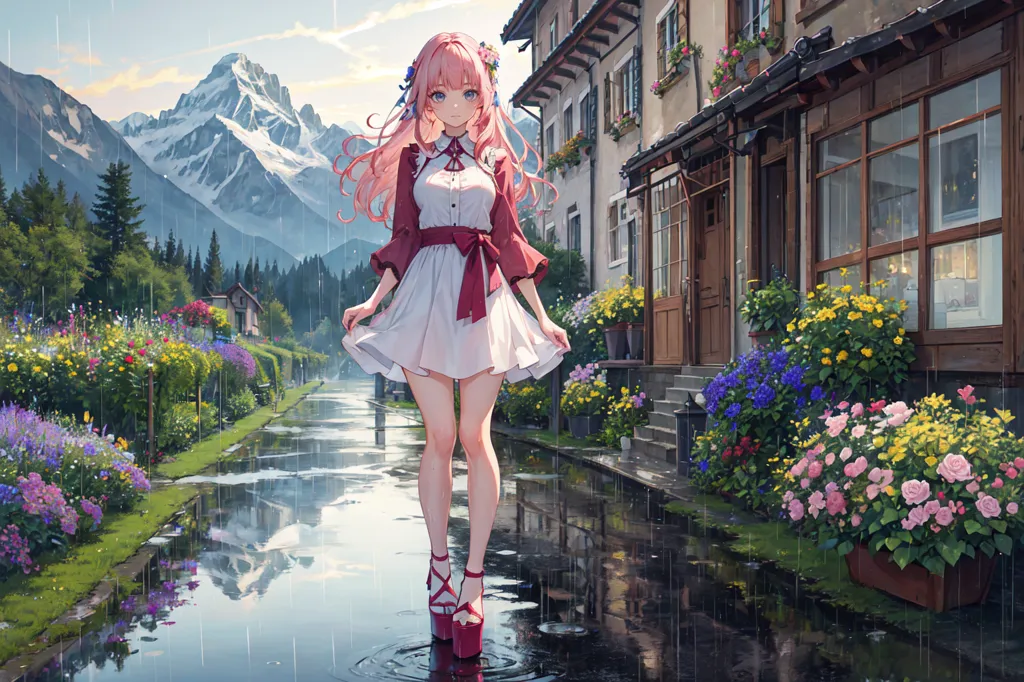 La imagen es de una hermosa chica de anime con cabello rosa y ojos azules. Ella está usando un vestido blanco con un lazo rojo y tacones altos rojos. Ella está parada en una calle lluviosa con flores coloridas a ambos lados. Hay una casa con una puerta roja detrás de ella. Se pueden ver las montañas en el fondo.