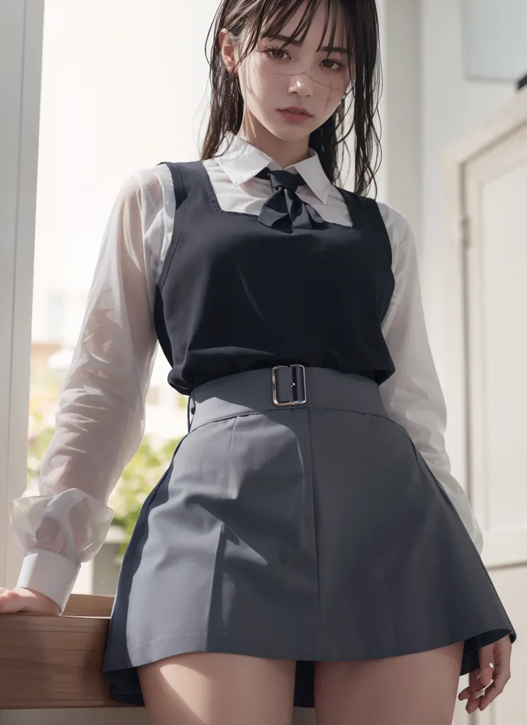 The image shows a young woman standing in front of a white door. She is wearing a white blouse, a black vest, and a gray skirt. The blouse is unbuttoned at the collar and the sleeves are rolled up. The vest is sleeveless and has a black bow at the neck. The skirt is high-waisted and has a belt. The woman's hair is dark and shoulder-length. She is wearing light makeup and her nails are painted pink. She is standing with her left hand on a railing and her right hand hanging at her side. She is looking at the camera with a serious expression.