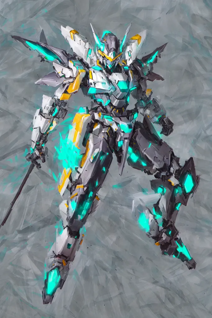 The image is a painting of a robot. The robot is white and gray with blue and green highlights. It is standing in a crouched position, with one knee on the ground. The robot has a large sword in its right hand and is surrounded by blue and green energy. The background is a light gray color.