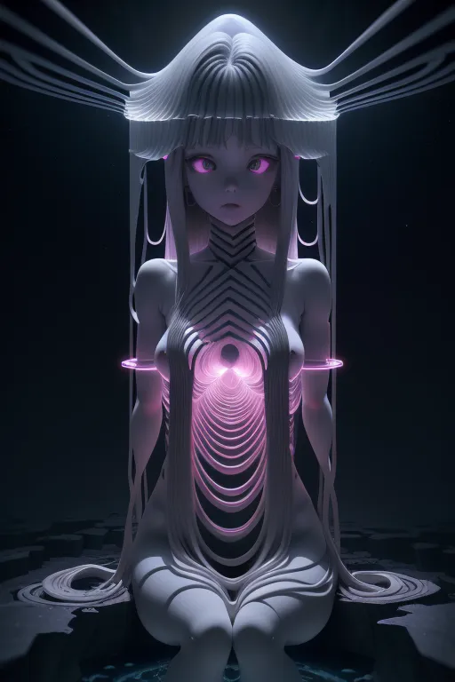 The image is a 3D rendering of a female character with white hair and purple eyes. She is wearing a white dress with a large collar and has a glowing pink core in her chest. She is sitting on a dark surface with her legs crossed and her hands resting on her knees. The background is dark with a few bright lights. The character is surrounded by a large number of glowing pink tentacles.