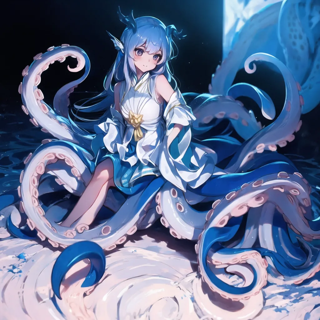 The image is a painting of a young woman with long, flowing blue hair and blue eyes. She is wearing a white and blue kimono-style dress with a yellow obi sash and has octopus tentacles instead of legs. She is sitting on a rock in the middle of the ocean, and there is a full moon in the background. The painting is done in a realistic style, and the colors are vibrant and lifelike.