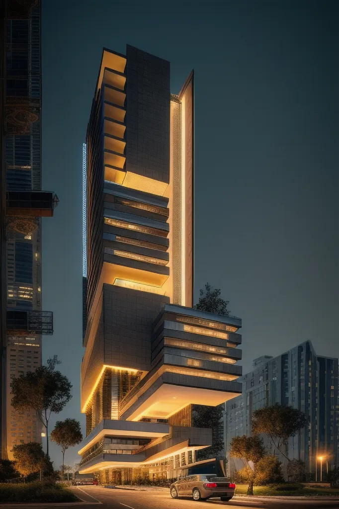 The image is a night view of a modern skyscraper. The building is made of glass and steel and has a unique, geometric design. It is lit up from the inside, which creates a warm and inviting glow. The building is surrounded by trees and other greenery, which adds to its beauty. The image is very peaceful and serene, and it captures the beauty of the modern city.