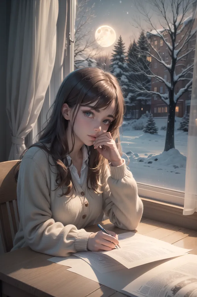 The image is of a young woman sitting at a desk, writing in a notebook. She is wearing a white blouse and a beige cardigan sweater. The window next to her is covered in snow. There is a full moon in the sky. The image is peaceful and serene.