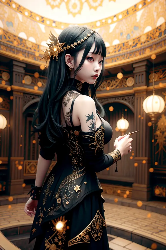 The picture shows a young woman with long black hair dressed in a black and gold dress with a white cravat around her neck. She has a gold headpiece with five points and matching earrings. There are also some gold and black tattoos on her arms and shoulders. She is standing in a large, ornate room with a tiled floor and several glowing lanterns hanging from the ceiling.