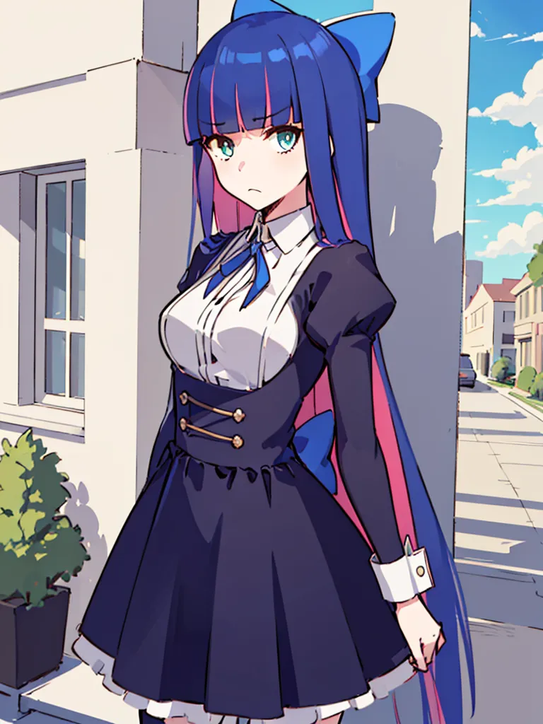 The image shows a young woman with long blue hair and pink eyes. She is wearing a black dress with a white collar and a blue bow tie. She is also wearing black stockings and brown shoes. She is standing in front of a white building with a blue door. There are trees and bushes behind her. The sky is blue and there are some clouds in the sky.