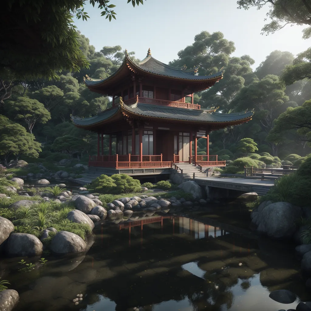 The image is a beautiful landscape of a Chinese garden. There is a pavilion in the middle of the garden. The pavilion is surrounded by trees and shrubs. There is a pond in front of the pavilion. The pond is full of water lilies. There is a bridge over the pond. The bridge leads to a path that goes through the garden. The garden is full of beautiful flowers and plants. The image is very peaceful and serene.