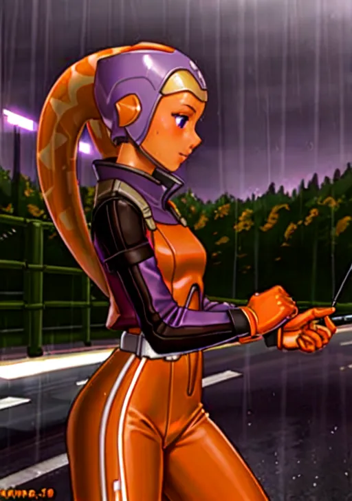 The image shows a female character wearing a purple and orange jumpsuit-style outfit. She is standing in a rainy street with one hand holding a cigarette and the other holding a lighter. She has an orange helmet on, and her head is tilted down so that her face is not visible. She is wearing a device on her right arm that is connected to her helmet. She is standing in front of a fence, and there are trees and buildings in the background.