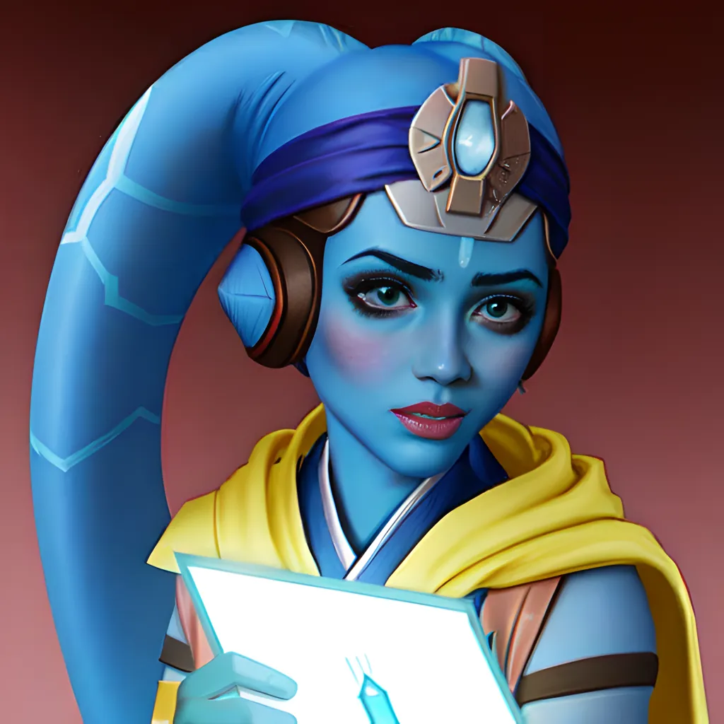 This is an image of a female of an unknown species with blue skin. She has brown eyes and is wearing a yellow scarf. She is also wearing a blue and brown headset. She has a serious expression on her face and is looking at something off-camera.