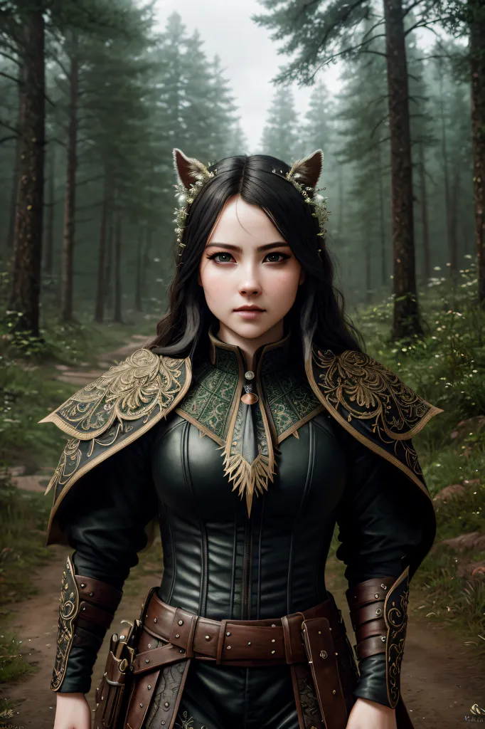 The image is of a young woman with long black hair and green eyes. She is wearing a green and brown leather armor with a white shirt underneath. She also has a brown belt with a pouch on her right side. She is standing in a forest, surrounded by tall trees.