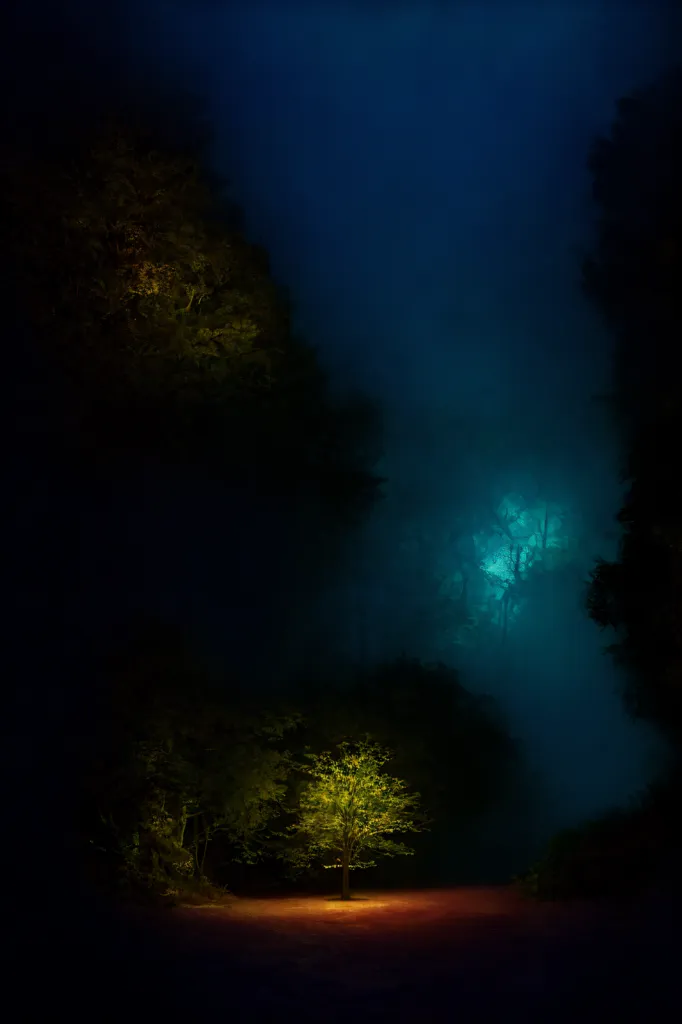 This is a photograph of a forest at night. The photograph is taken from a low angle, looking up at the trees. The trees are tall and dark, and the branches are obscured by the darkness. The only light comes from a few small sources, such as a street lamp or a car headlight. The light creates a sense of mystery and atmosphere. The photograph is silent, but it seems to be full of sound. The viewer can almost hear the wind rustling through the leaves and the creaking of the trees. The photograph is a beautiful and evocative work of art. It captures the beauty of the natural world and the mystery of the night.