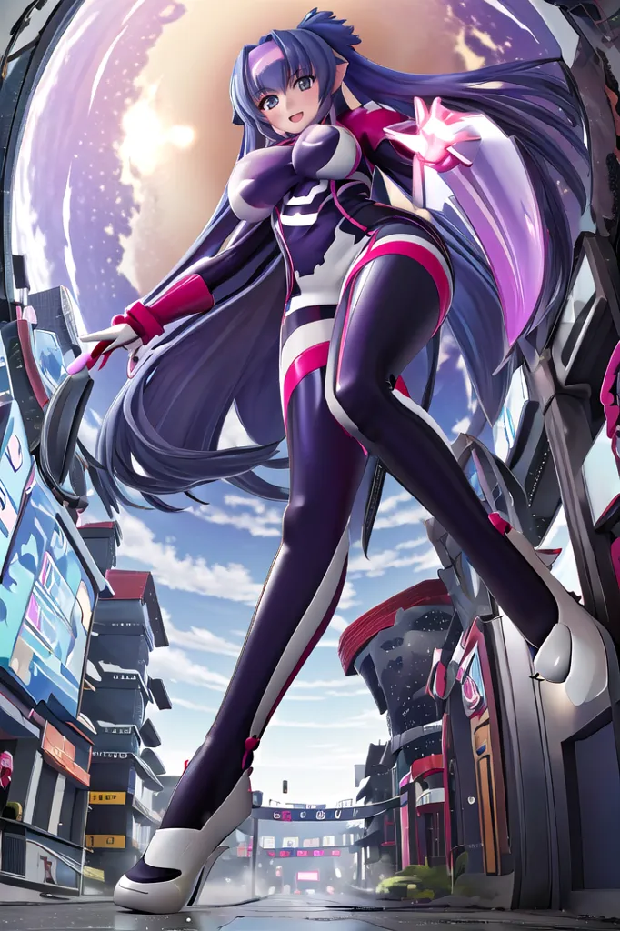 Esta es una imagen de una chica anime con el cabello largo y morado y ojos morados. Lleva un traje de cuerpo negro y morado con guantes y botas blancos. Está de pie en una ciudad futurista con altos edificios y coches voladores. La chica está rodeada de un resplandor rosa y tiene una expresión decidida en su rostro.