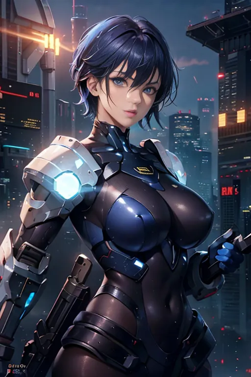 The image is a digital painting of a young woman in a futuristic setting. She is wearing a black and blue bodysuit with a high collar and a white belt. The suit has several blue and white lights on it. She is also wearing a pair of black boots and a pair of white gloves. She has short blue hair and blue eyes. She is standing in front of a dark blue background with several tall buildings in the distance.