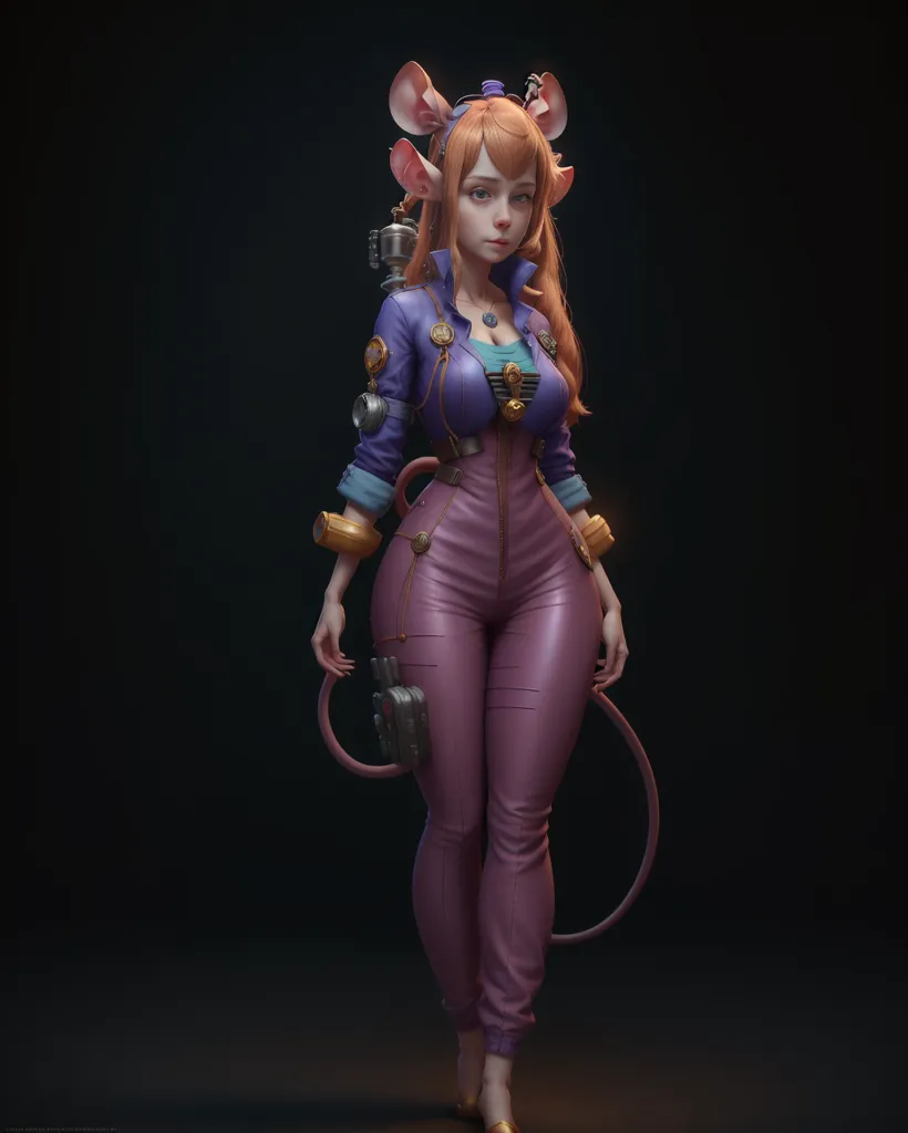 L'image montre une souris de dessin animé avec de longs cheveux blonds et des yeux bleus. Elle porte une combinaison violette avec une ceinture blanche et un gilet marron. Elle a également une paire de lunettes de protection sur la tête et un sac à dos dans le dos. Elle se tient sur un fond noir et a une expression confiante sur le visage.