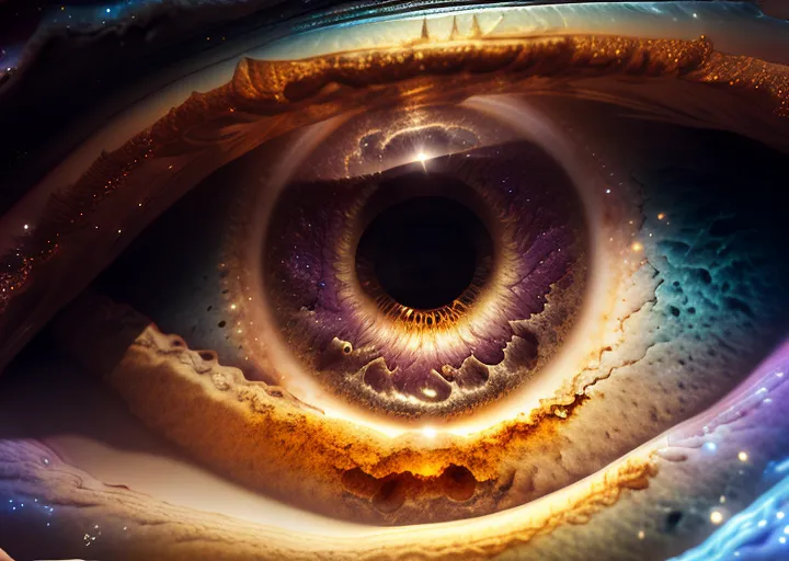 The image is an up-close depiction of an eye. The iris is a deep purple color with a golden ring around the pupil. The sclera is a light cream color with a few visible veins. The eye is looking at the viewer with a slight upward tilt. The background is a dark blue color with a few stars visible. The overall effect of the image is one of mystery and intrigue. It is unclear what the eye is looking at or what its significance is. The image is open to interpretation and can be seen in many different ways.