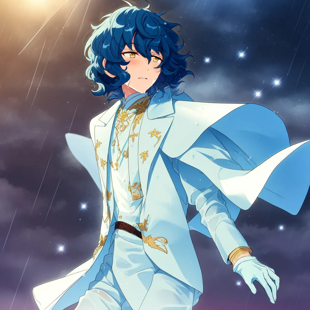 The image is of a young man with blue hair and eyes. He is wearing a white suit with gold trim and a blue cape. He is standing in front of a starry night sky and appears to be crying.