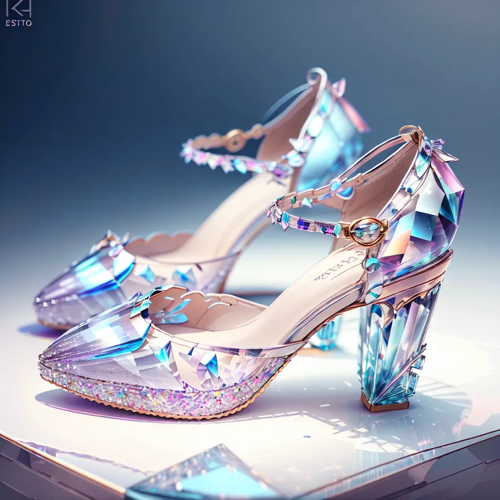 L'image montre une paire de chaussures transparentes avec des sangles à la cheville. Les chaussures sont décorées de paillettes et ont une apparence cristalline. Elles sont placées sur une surface blanche contre un fond bleu.