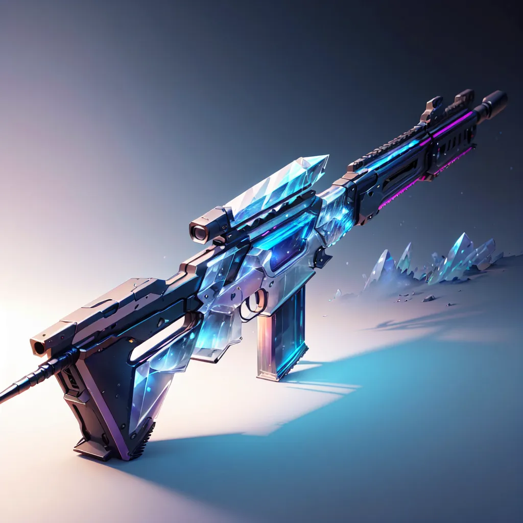 The image shows a crystalized assault rifle. The body of the gun is made of blue crystal, and the magazine is made of purple crystal. The gun is also decorated with glowing blue lines.