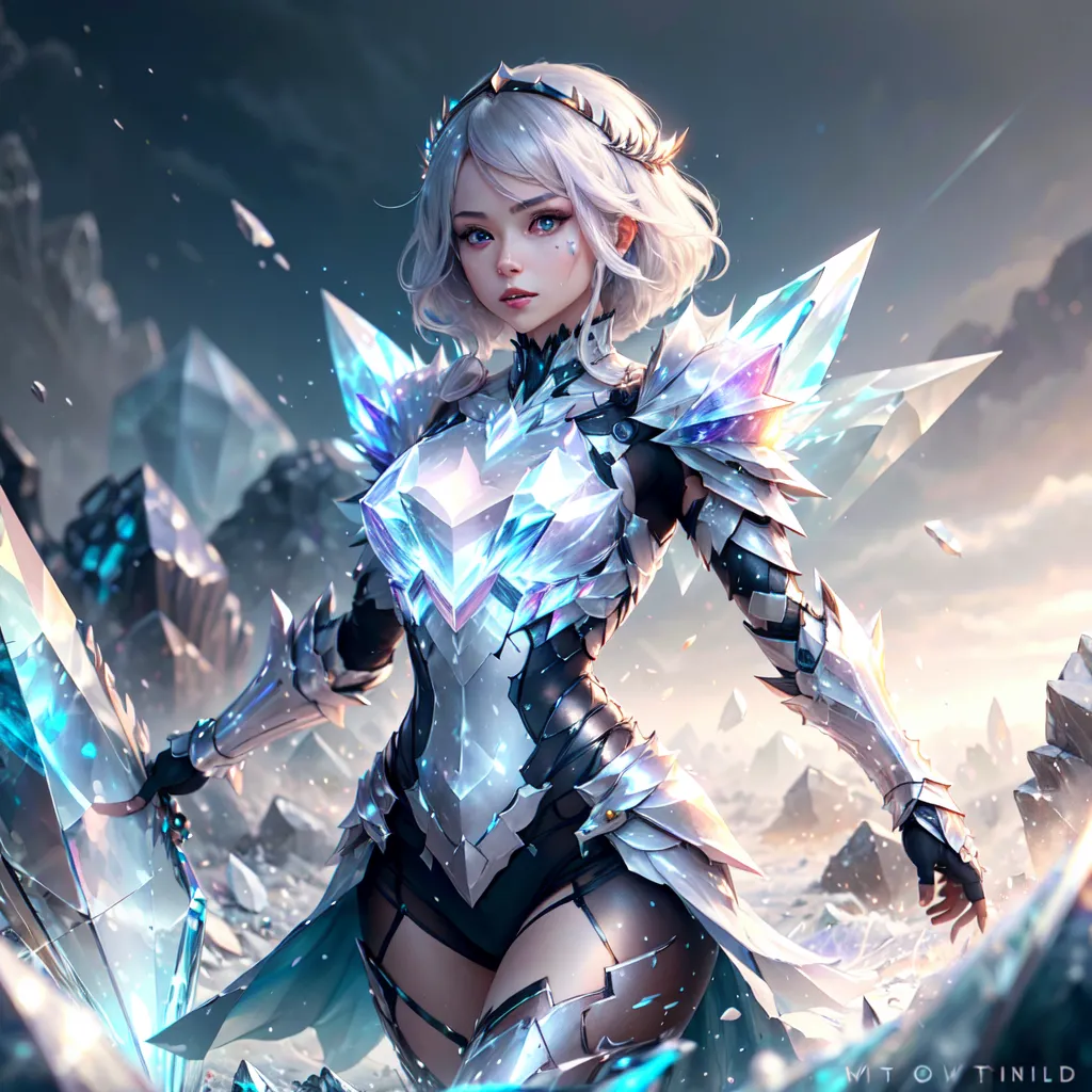 The image is of a beautiful woman with white hair and blue eyes. She is wearing a suit of silver and blue armor and is holding a sword in her right hand. The background is a snowy landscape with mountains in the distance.