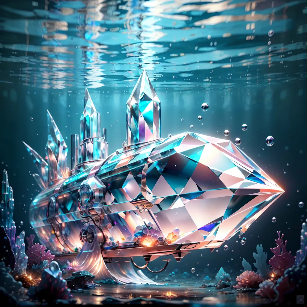 The image shows a crystal submarine. It is in the water and is surrounded by coral reefs. The submarine is emitting a bright light. There are fish swimming around it. The submarine is made of different colors such as blue, green, and purple. The submarine is also very detailed. You can see all the little details on the submarine. The image is very beautiful and it is clear that the artist put a lot of time and effort into creating it.