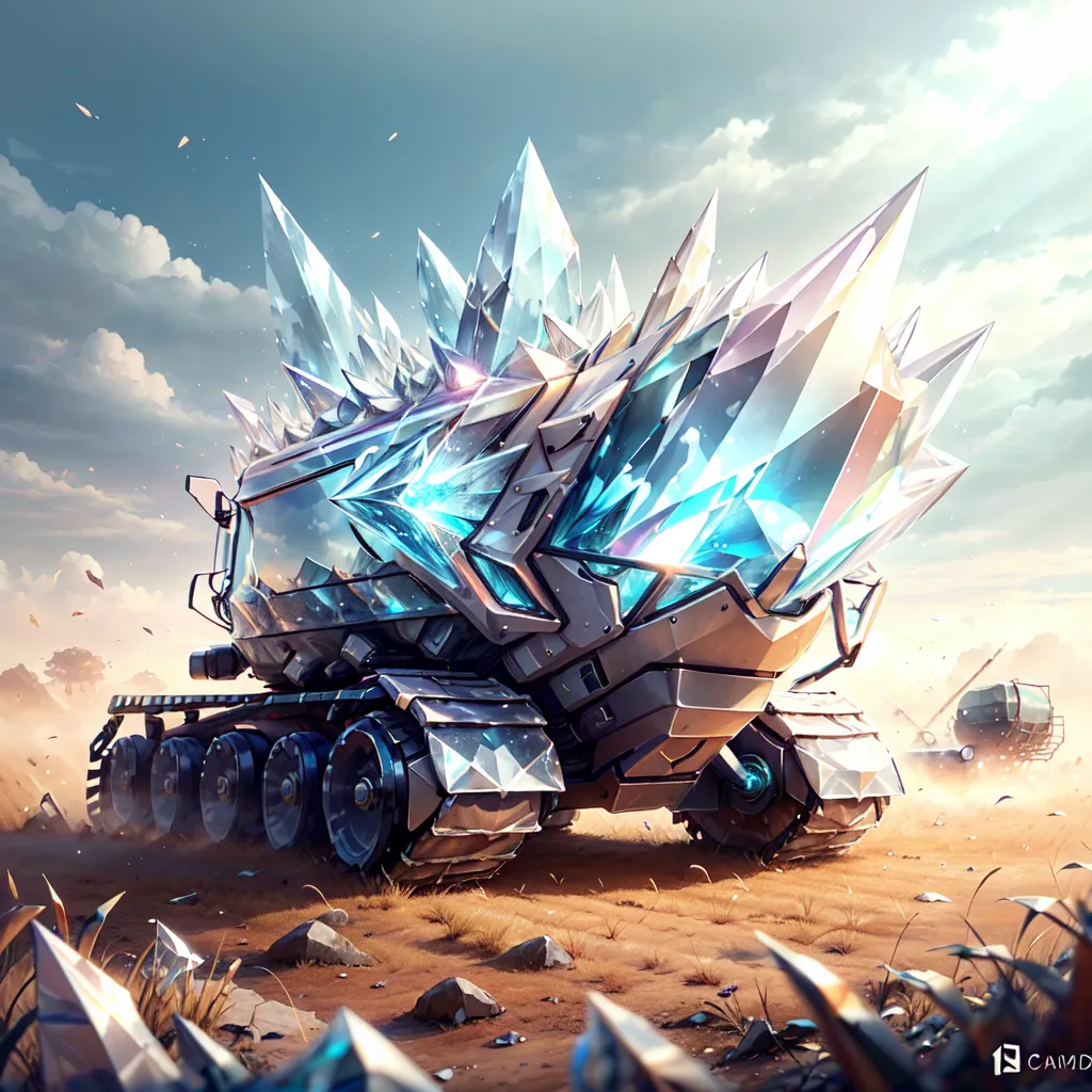 The image shows a large, futuristic vehicle driving through a desert landscape. The vehicle appears to be made of ice or crystal, and it has a large drill on the front. There are several large crystals sticking out of the vehicle. The vehicle is surrounded by large rocks and boulders, and there is a large plume of smoke or dust behind it. The sky is blue, and there are some clouds in the distance.