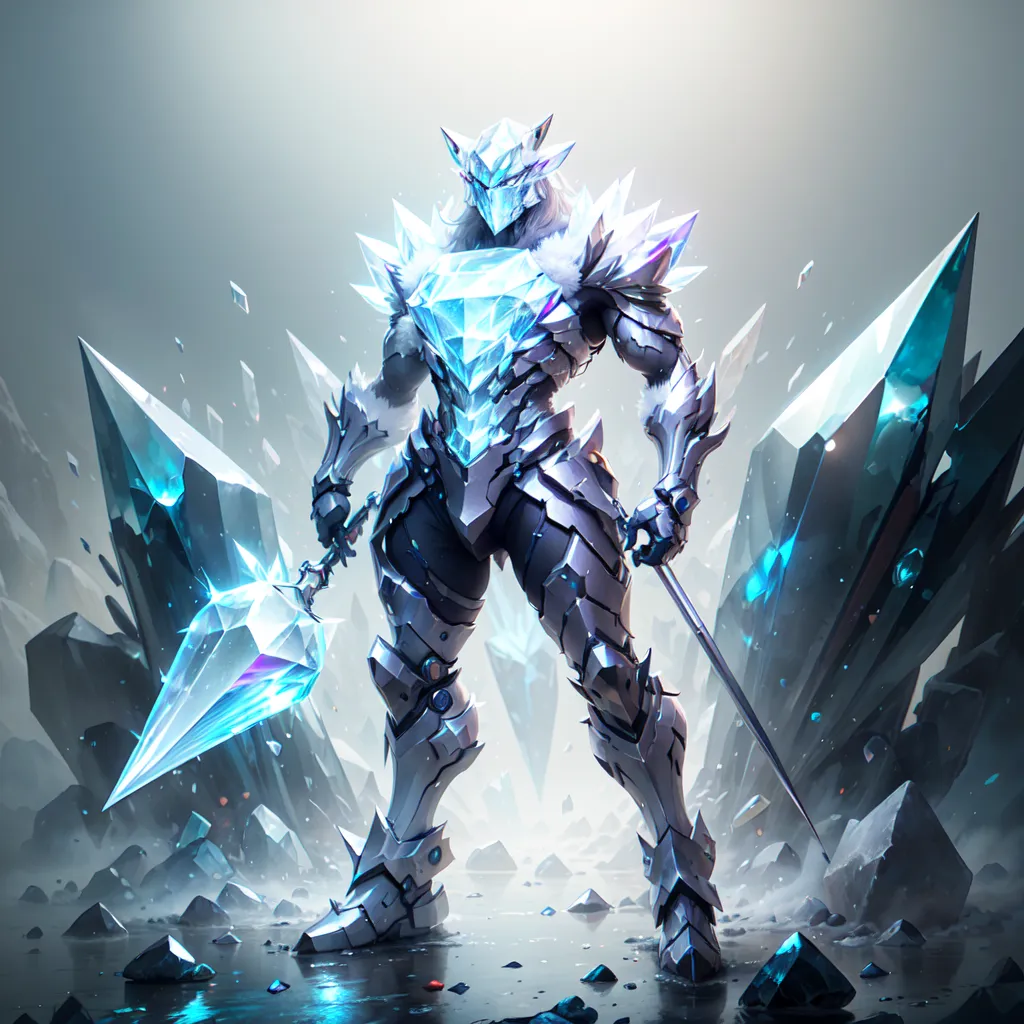 The image is of a knight in full armor. The knight is made of ice and crystal, and is standing in a snowy landscape. He is holding a sword and shield, both of which are also made of ice. The knight's armor is very detailed, and the ice and crystal textures are very realistic. The background of the image is a snowy mountain range, and the knight is standing on a frozen lake. The image is very atmospheric, and the knight looks like he is ready for battle.